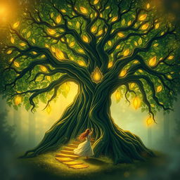 A book cover design featuring an ancient magical tree and a girl in a mystical setting