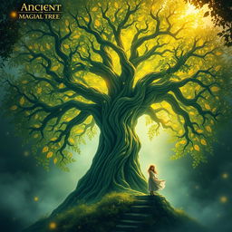 A book cover design featuring an ancient magical tree and a girl in a mystical setting