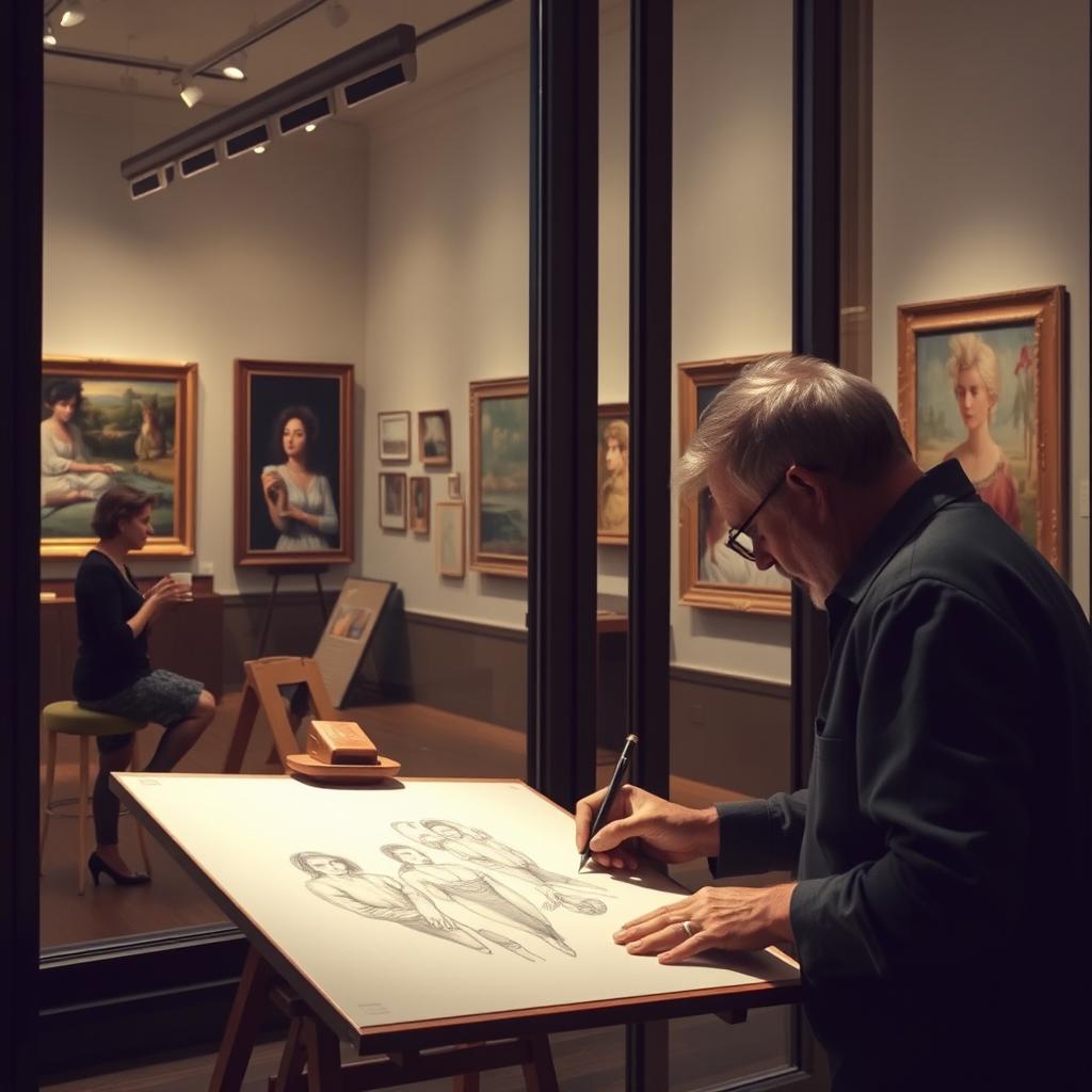 an interior view of an art gallery, where a man is deeply focused on drawing a masterpiece