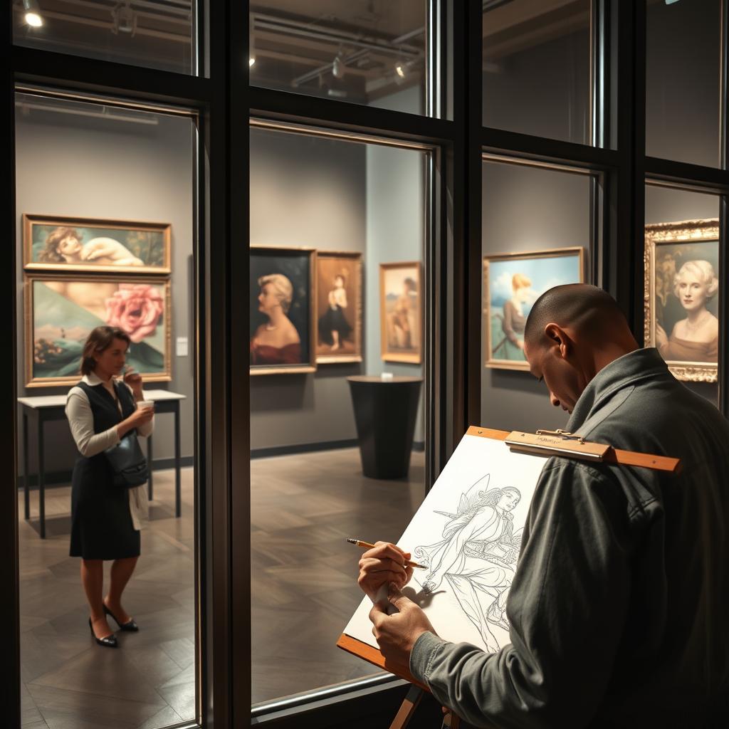 an interior view of an art gallery, where a man is deeply focused on drawing a masterpiece