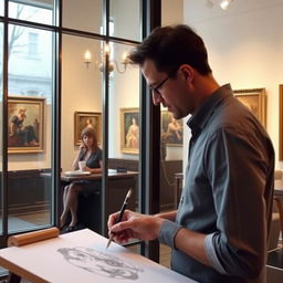 an interior view of an art gallery, where a man is deeply focused on drawing a masterpiece