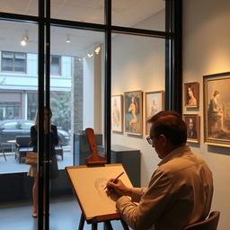 an interior view of an art gallery, where a man is deeply focused on drawing a masterpiece