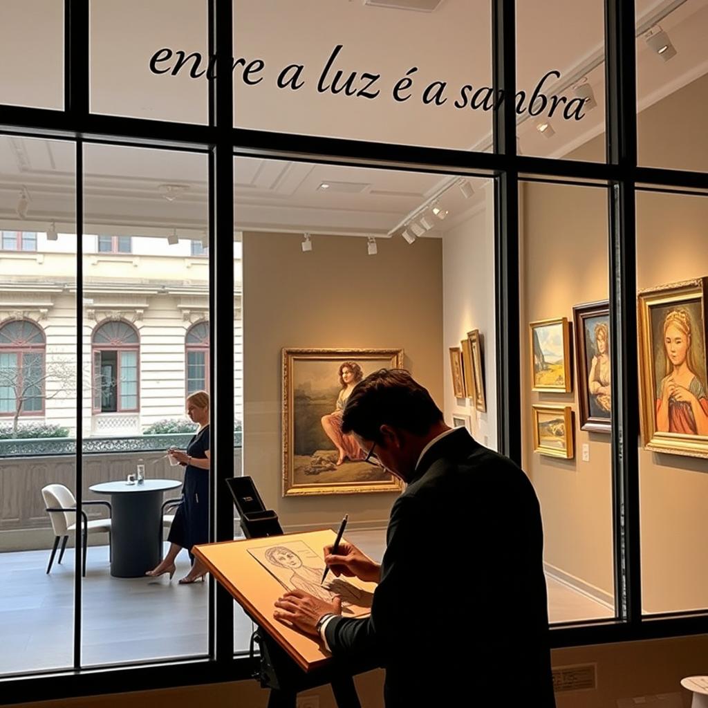 an interior view of an art gallery, where a man is deeply focused on drawing a masterpiece