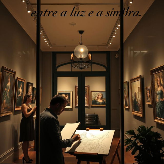 an interior view of an art gallery, where a man is deeply focused on drawing a masterpiece