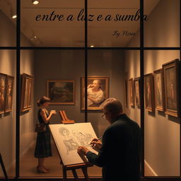 an interior view of an art gallery, where a man is deeply focused on drawing a masterpiece