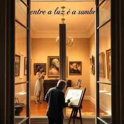 an interior view of an art gallery, where a man is deeply focused on drawing a masterpiece