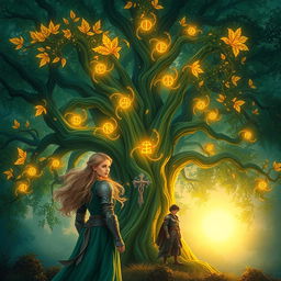 An enchanting book cover featuring an ancient magical tree in a mystical forest setting