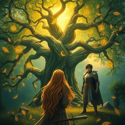 An enchanting book cover featuring an ancient magical tree in a mystical forest setting