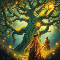 An enchanting book cover featuring an ancient magical tree in a mystical forest setting