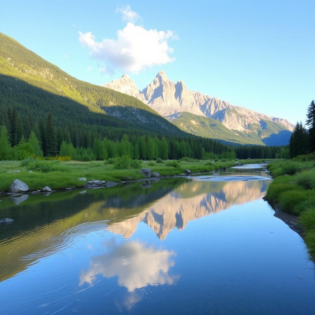 a serene mountain landscape with a clear sky, lush green forest in the foreground, and a gentle stream flowing through the scene, casting a perfect reflection of the mountains