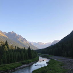 a serene mountain landscape with a clear sky, lush green forest in the foreground, and a gentle stream flowing through the scene, casting a perfect reflection of the mountains