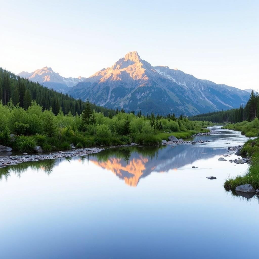 a serene mountain landscape with a clear sky, lush green forest in the foreground, and a gentle stream flowing through the scene, casting a perfect reflection of the mountains