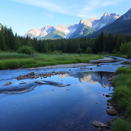 a serene mountain landscape with a clear sky, lush green forest in the foreground, and a gentle stream flowing through the scene, casting a perfect reflection of the mountains