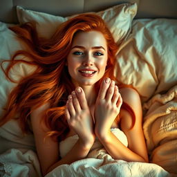 A redheaded woman with flowing hair, lying in bed with her toes playfully in her mouth