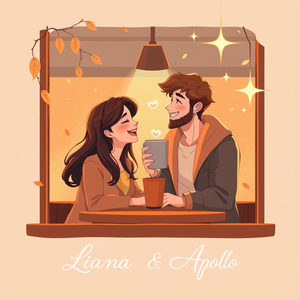 A cozy coffee shop illustration featuring Liana and Apollo sharing a laugh or gazing deeply into each other's eyes, symbolizing the bond they are building