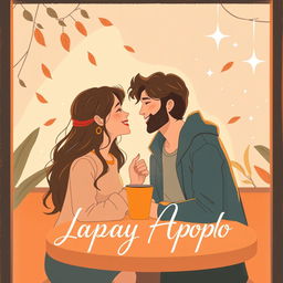 A cozy coffee shop illustration featuring Liana and Apollo sharing a laugh or gazing deeply into each other's eyes, symbolizing the bond they are building