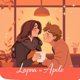 A cozy coffee shop illustration featuring Liana and Apollo sharing a laugh or gazing deeply into each other's eyes, symbolizing the bond they are building