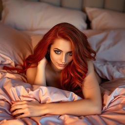 A captivating redheaded woman with striking vibrant hair cascading over her shoulders, lying seductively in bed