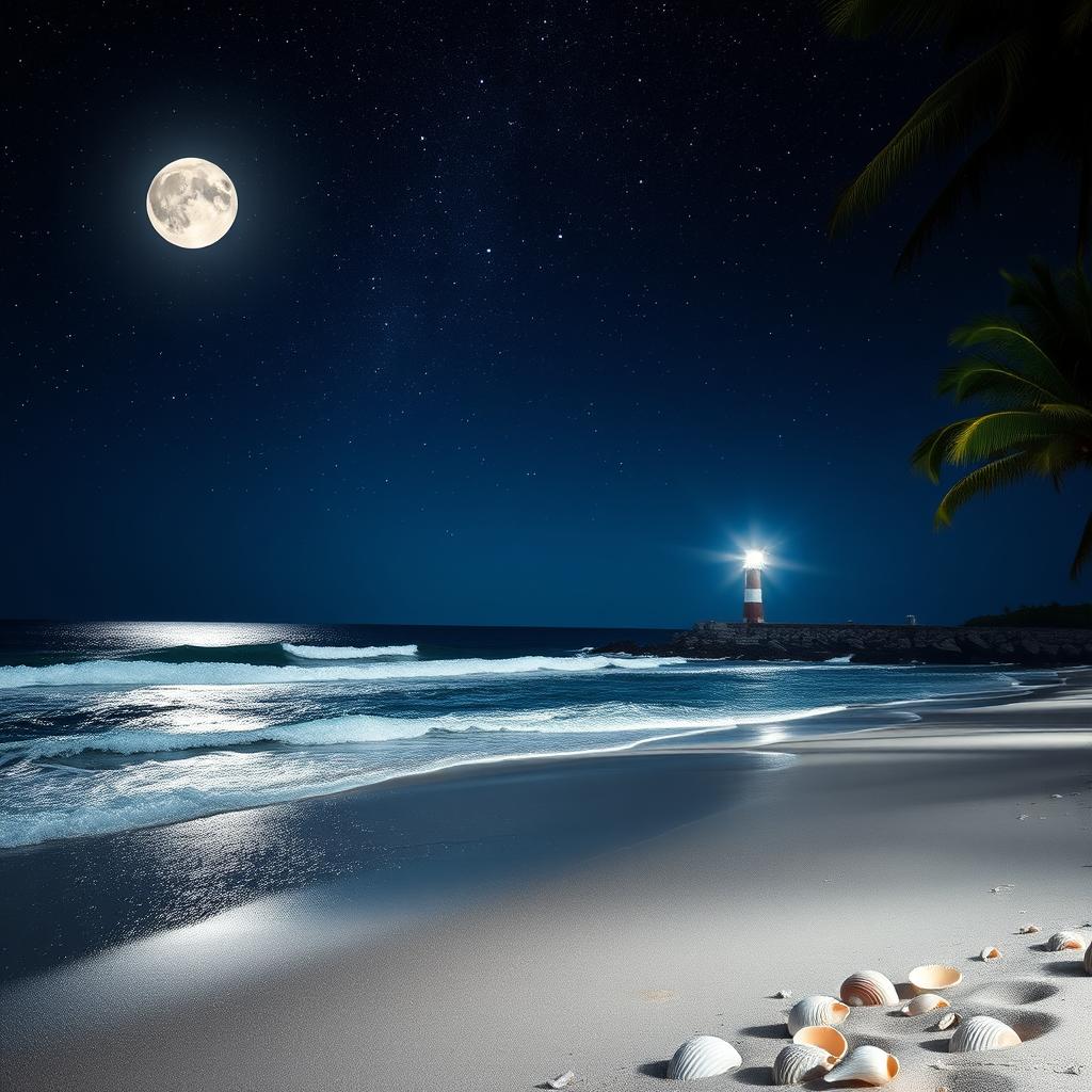 A serene, starlit night at the beach with gentle waves kissing the shore