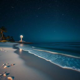 A serene, starlit night at the beach with gentle waves kissing the shore