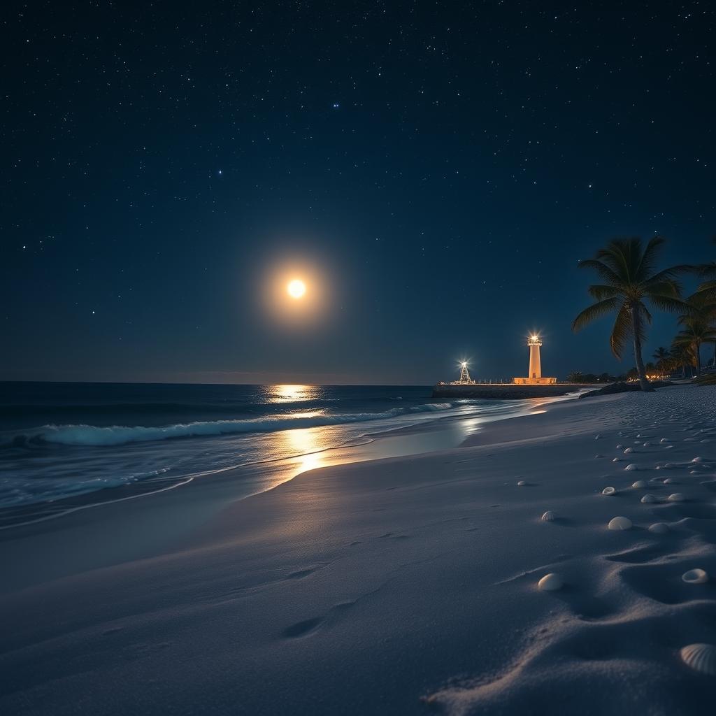 A serene, starlit night at the beach with gentle waves kissing the shore