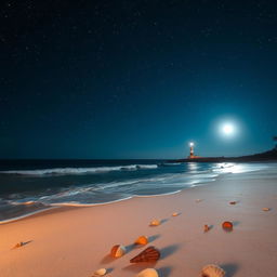 A serene, starlit night at the beach with gentle waves kissing the shore