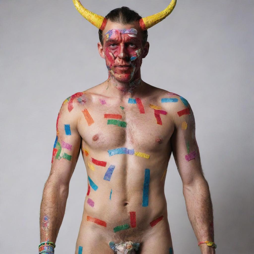 A figure resembling Satan, adorned with decorative, colourful bandaids all over his body