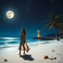 A serene, starlit night at the beach with gentle waves kissing the shore