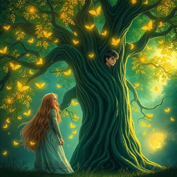 An enchanting book cover featuring an ancient magical tree in a mystical forest setting