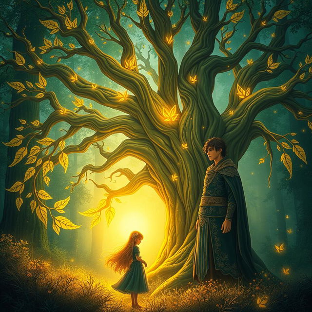 An enchanting book cover featuring an ancient magical tree in a mystical forest setting