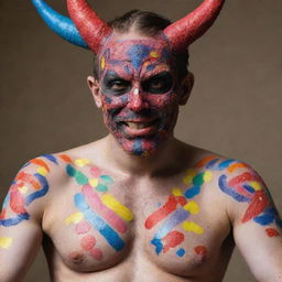 A figure resembling Satan, adorned with decorative, colourful bandaids all over his body