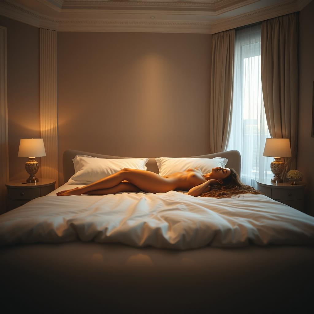 A tranquil and dreamy scene of an elegant bedroom softly illuminated by warm, ambient lighting