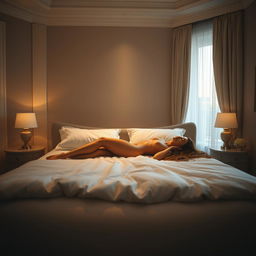 A tranquil and dreamy scene of an elegant bedroom softly illuminated by warm, ambient lighting