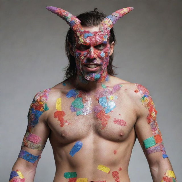 A figure resembling Satan, adorned with decorative, colourful bandaids all over his body