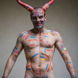 A figure resembling Satan, adorned with decorative, colourful bandaids all over his body