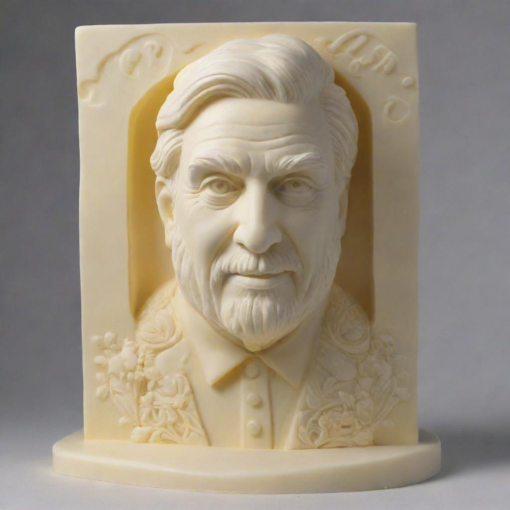 A 3D image of a creamy butter sculpture with the name 'Mr Lix' intricately engraved