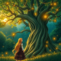 An enchanting book cover featuring an ancient magical tree in a mystical forest setting