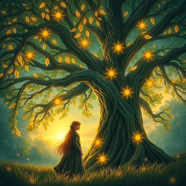 An enchanting book cover featuring an ancient magical tree in a mystical forest setting