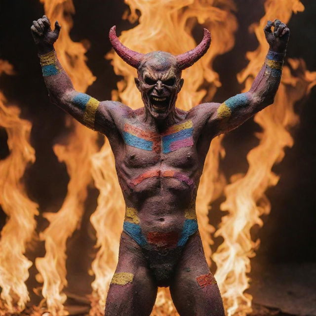 The figure resembling Satan, adorned with colorful bandaids, standing in the midst of roaring flames