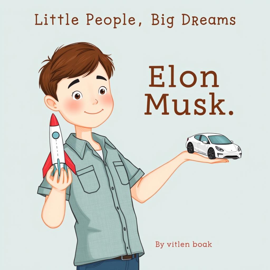 A children's book cover illustration for "Little People, Big Dreams: Elon Musk," in the style similar to the David Attenborough example