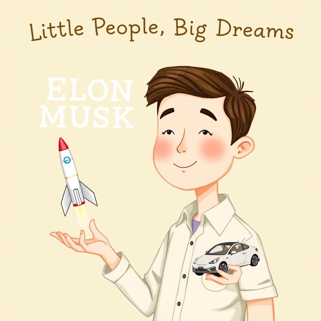 A children's book cover illustration for "Little People, Big Dreams: Elon Musk," in the style similar to the David Attenborough example