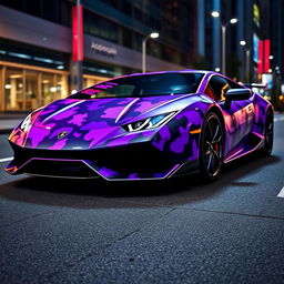 A Lamborghini Huracan Evo with a unique purple camouflage design