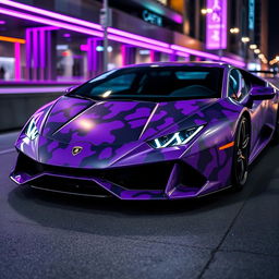 A Lamborghini Huracan Evo with a unique purple camouflage design