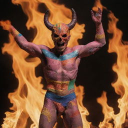 The figure resembling Satan, adorned with colorful bandaids, standing in the midst of roaring flames