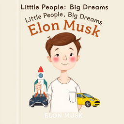 A children's book cover illustration for "Little People, Big Dreams: Elon Musk," designed in the iconic series style