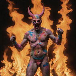 The figure resembling Satan, adorned with colorful bandaids, standing in the midst of roaring flames