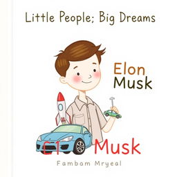 A children's book cover illustration for "Little People, Big Dreams: Elon Musk," designed in the iconic series style