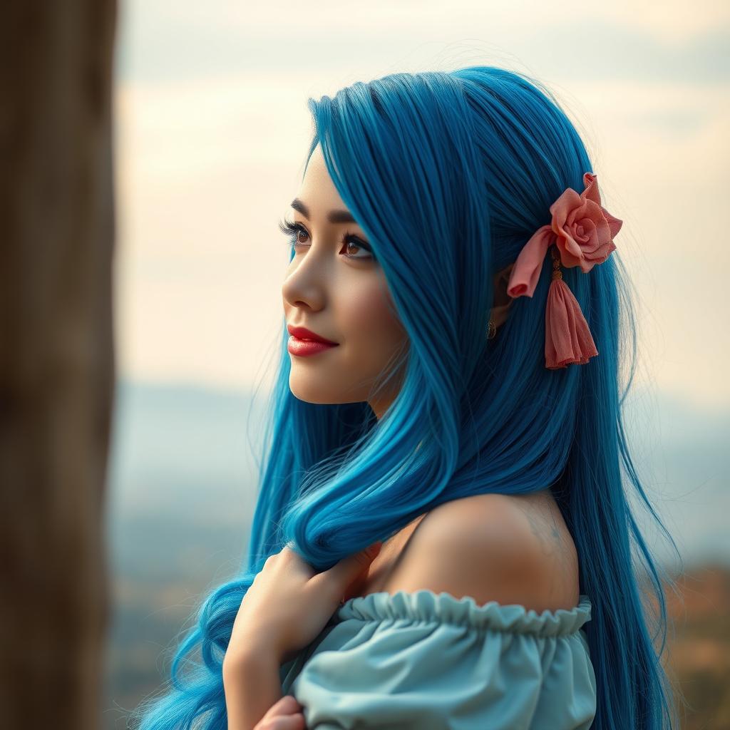 A beautiful woman with a striking resemblance to Bulma from Dragon Ball, posing gracefully in a tasteful and artistic manner, capturing her confident and vibrant personality