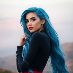 A beautiful woman with a striking resemblance to Bulma from Dragon Ball, posing gracefully in a tasteful and artistic manner, capturing her confident and vibrant personality