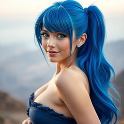 A beautiful woman with a striking resemblance to Bulma from Dragon Ball, posing gracefully in a tasteful and artistic manner, capturing her confident and vibrant personality